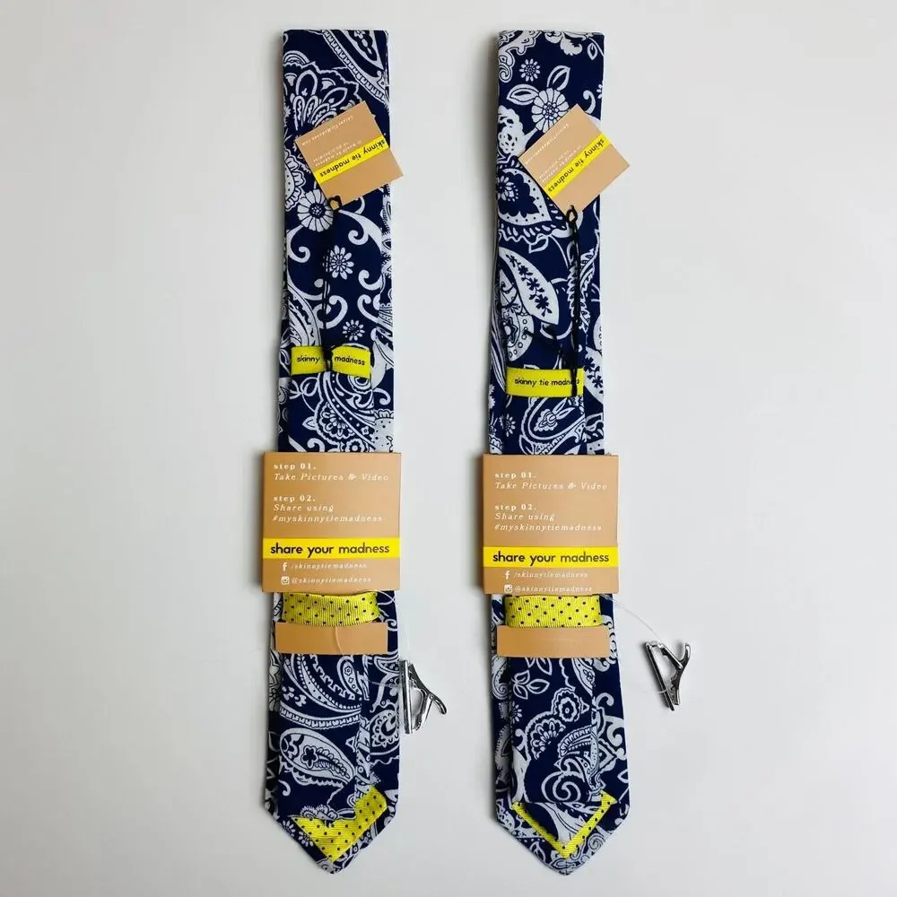 Set of 2 Skinny Tie Madness Tie for Men‎ Mister Paisley Piper Color Navy NEW